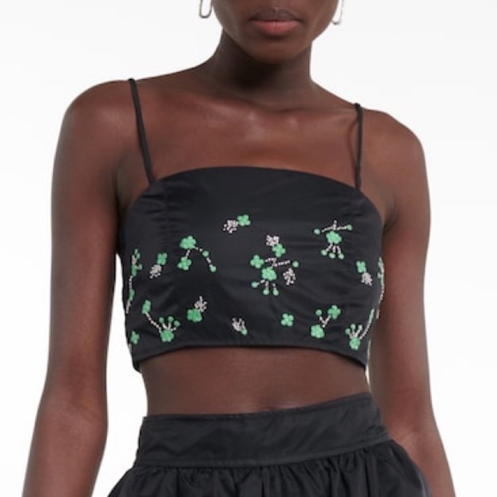 NWT Ganni Black with Green Beaded Embellishments Crop Top - Sz 4